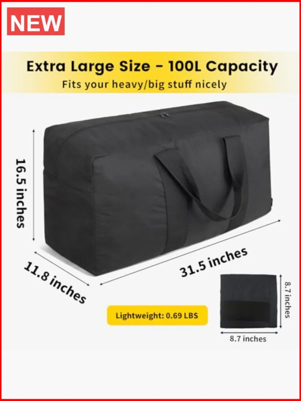 Extra Large 100L Duffle Bag for Travel - Foldable Weekender Overnight Camping